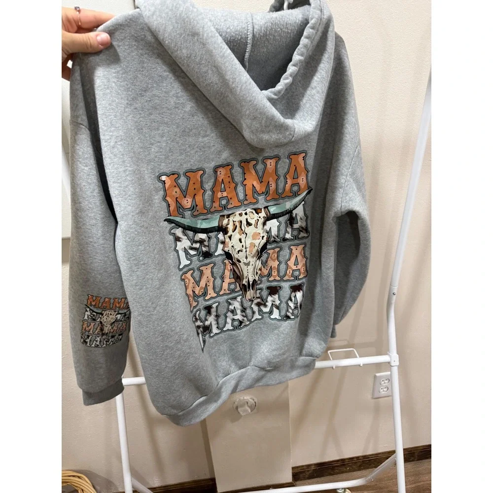 Mama Longhorn Skull Hoodie L XL Western Cowgirl Gray country Sweatshirt - Picture 1 of 3